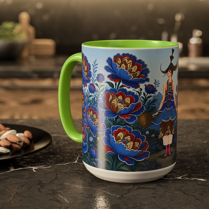 💙🌺 The Sapphire Blossom Garden Dancer Colorful Mug – Art Deco Fashion Fantasy