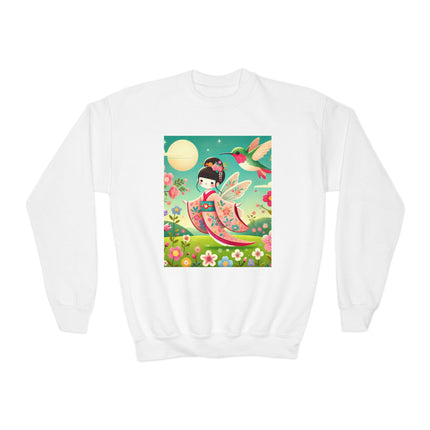Geisha Fairy and the Hummingbird Blossom Youth Crewneck Sweatshirt – Magic, Grace & Dreamlike Beauty