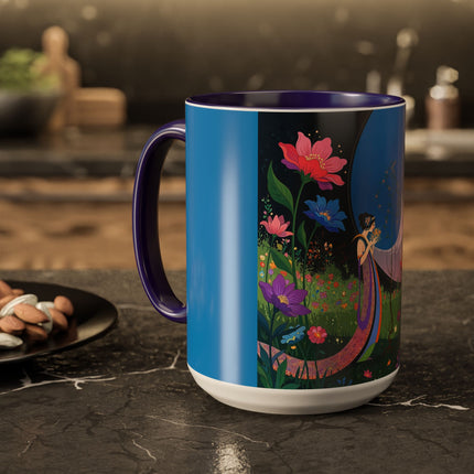 The Lady And The Moonlit Peak Colorful Mugs – Art Deco Alpine Garden Elegance