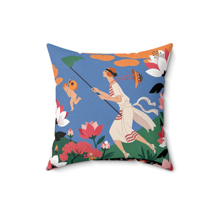🪁🌺 The Lady Of The Flying Garden Square Pillow – Art Deco Floral Fantasy