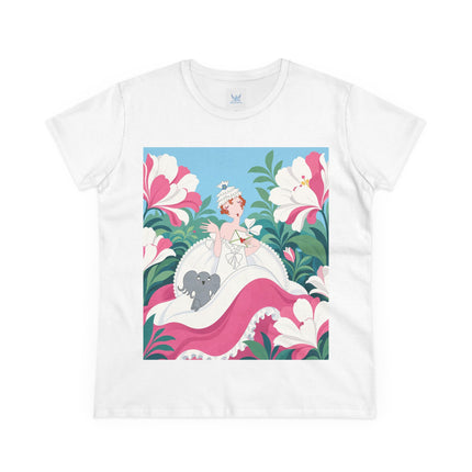 🌸🐘 The Pink Blossom Companion Cotton Tee – Art Deco Floral Whimsy