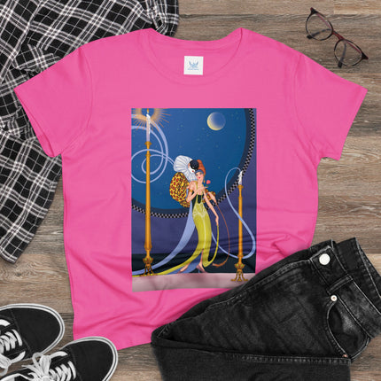 Smoke and Secrets: A Glamorous Encounter in Prohibition Era Women's Midweight Cotton Tee