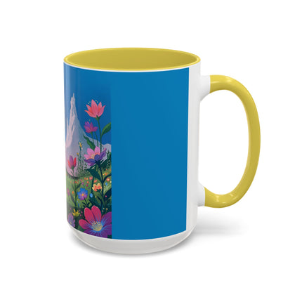 The Lady And The Moonlit Peak Colorful Mugs – Art Deco Alpine Garden Elegance