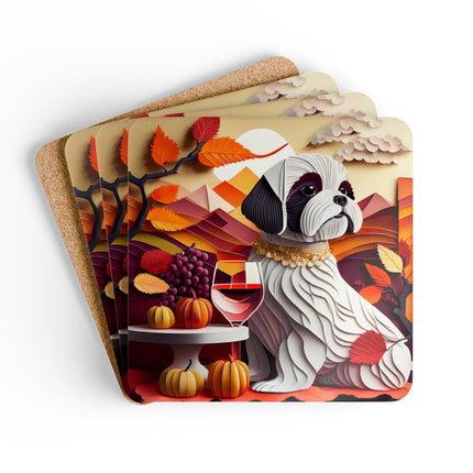 Shih Tzu at an Autumn Wine Tasting Corkwood Coaster Set
