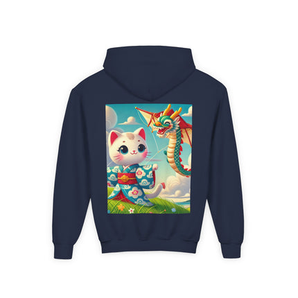 Geisha Kitten and the Dragon Kite Youth Hooded Sweatshirt – Bold Energy & Sky-High Adventure