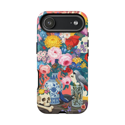 Floral Vanitas Phone Case – Parrot & Porcelain Splendor