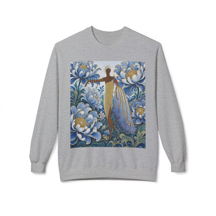 💙✨ The Lady Of The Gilded Blue Blossom Garden Midweight Crewneck Sweatshirt – Art Deco Floral Elegance