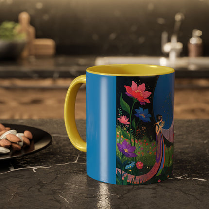 The Lady And The Moonlit Peak Colorful Mugs – Art Deco Alpine Garden Elegance