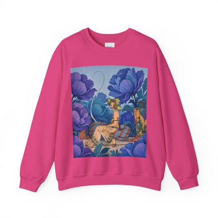 💙🌸 The Lady Among The Blue Blossoms Crewneck Sweatshirt – Art Deco Floral Reverie