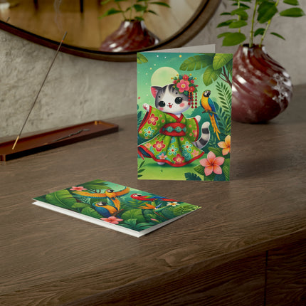 🌺🦜 The Tropical Parrot Kimono Kitten Greeting Card – Whimsical Jungle Elegance