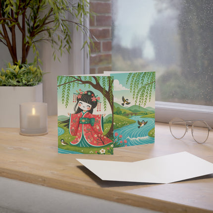 🌸🐦 The Willow Garden Maiden Greeting Card – Whimsical Japanese Garden