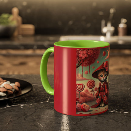 Whimsical Geisha Kitten in a Valentine Garden Colorful Mugs (11oz, 15oz)