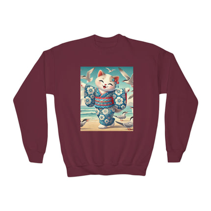 Geisha Kitten by the Seaside Youth Crewneck Sweatshirt – Coastal Charm, Joy & Whimsical Elegance