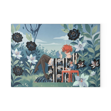 📚🌹 The Red-Haired Reader Glass Cutting Board – Art Deco Floral Garden