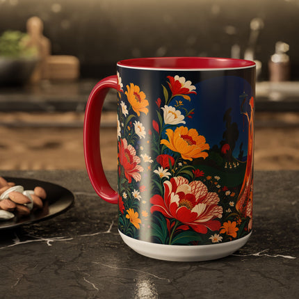 🌺🐦 The Enchanted Birdcage Garden Colorful Mug – Art Deco Floral Fantasy