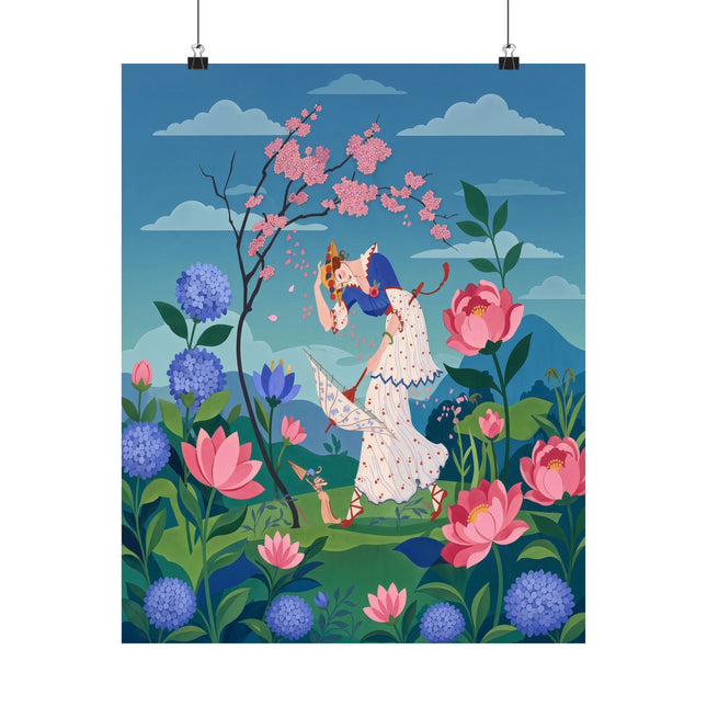 🌸☂️ The Lady Of The Falling Blossoms Matte Vertical Poster – Art Deco Garden Whimsy