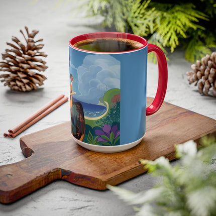 The Lady And The Sea Breeze Colorful Mugs – Art Deco Coastal Serenity
