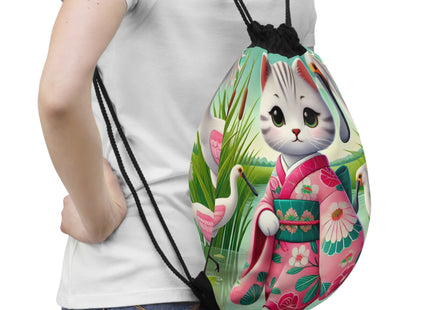Geisha Kitten Strolls Among the Spoonbills Drawstring Bag