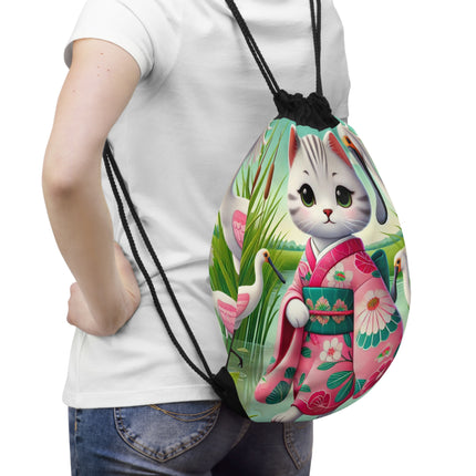 Geisha Kitten Strolls Among the Spoonbills Drawstring Bag