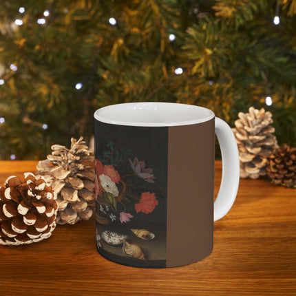 Flowers in a Wicker Basket on a Table by Balthasar van der Ast Ceramic Mug 11oz