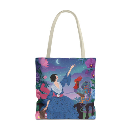 🌙🐓 The Lady Of The Moonlit Rooster Garden Tote Bag – Art Deco Floral Fantasy