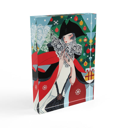 ❤️ The Lady Of The Crimson Scarf Acrylic Art Block – Art Deco Christmas Elegance