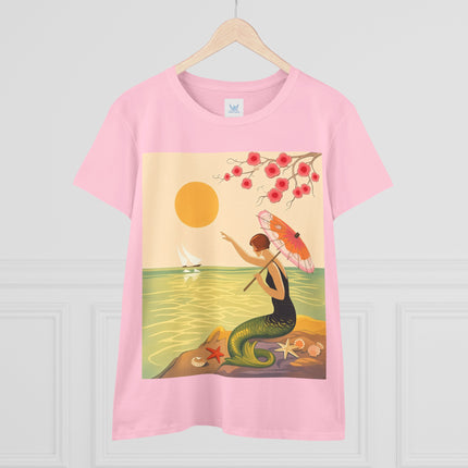 🧜‍♀️🌸 The Mermaid Beneath The Blossoms Cotton Tee – Art Deco Seaside Fantasy