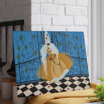🎭🌹 The Rose Masquerade Glass Cutting Board – Art Deco Venetian Elegance