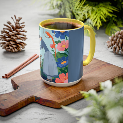 The Lady And The Mysterious Bird Colorful Mugs – Art Deco Botanical Mystery