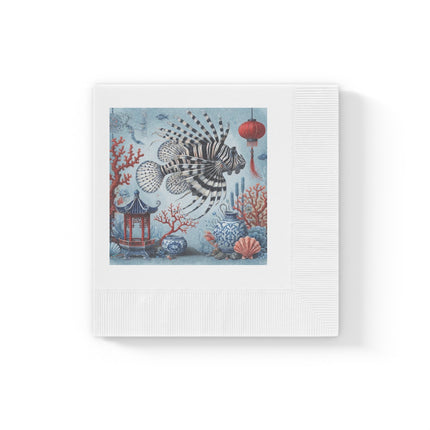 Lionfish & Lantern White Coined Napkins – Mystical Ocean & Asian Harmony