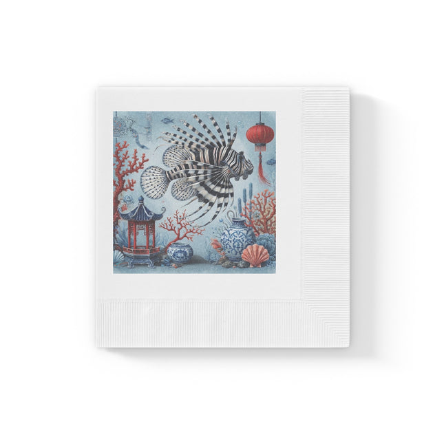 Lionfish & Lantern White Coined Napkins – Mystical Ocean & Asian Harmony