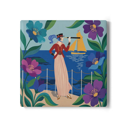 🌊🔭 The Lady Of The Seaside Lookout Ceramic Coaster – Art Deco Nautical Adventure