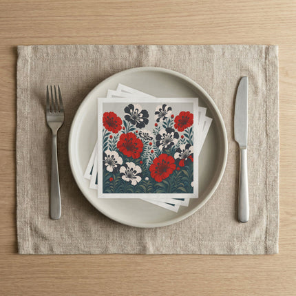 🌺🖤 The Scarlet And Ivory Blossom Garden Napkins – Elegant Botanical Floral Art