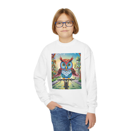 Cycling Owl Youth Crewneck Sweatshirt – Urban Adventure & Playful Motion