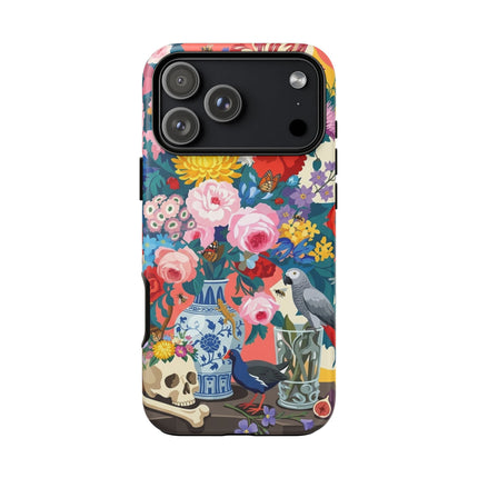 Floral Vanitas Phone Case – Parrot & Porcelain Splendor