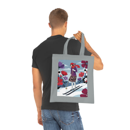 🎿🌺 The Winter Flower Skier Cotton Tote Bag – Art Deco Winter Fantasy