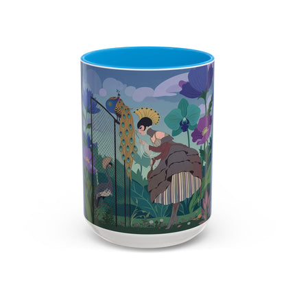 The Lady And The Enchanted Heron Colorful Mugs – Art Deco Botanical Elegance