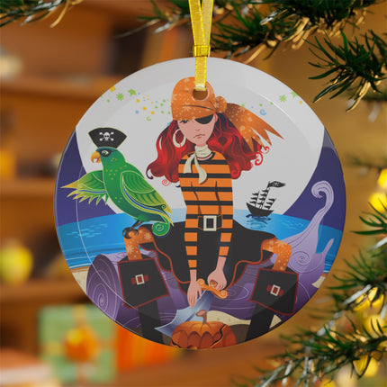 Moonlit Pirate Halloween Glass Ornament