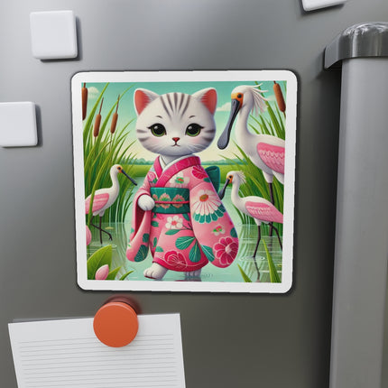 Geisha Kitten Strolls Among the Spoonbills Die-Cut Magnets (5 Sizes)