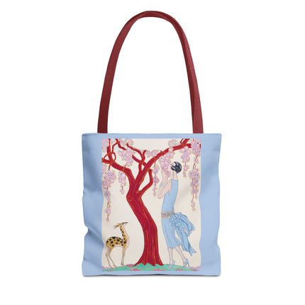 Woman, Fawn, and Red Tree by George Barbier Tote Bag (AOP)