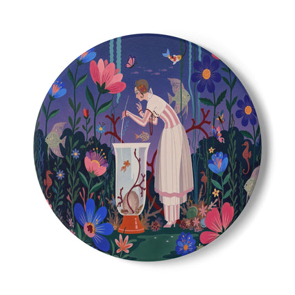 🐠🌸 The Enchanted Aquarium Garden Ceramic Coaster – Art Deco Underwater Fantasy