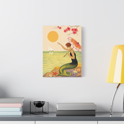 🧜‍♀️☂️ The Mermaid With The Parasol Matte Canvas – Art Deco Seaside Fantasy