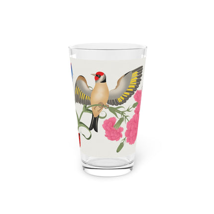 Goldfinch & Pink Flowers Pint Glass – Vibrant Spring & Bold Beauty