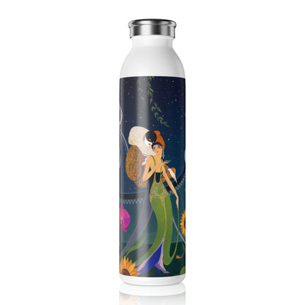 🌙🌺 The Enchanted Midnight Garden Masquerade Slim Water Bottle – Art Deco Floral Fantasy