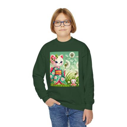 Geisha Kitten and the Dandelion Wish Youth Crewneck Sweatshirt – Gentle Magic, Dreams & Quiet Beauty