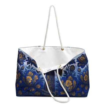 💙💛 The Sapphire Golden Blossom Promenade Weekender Bag – Art Deco Floral Elegance