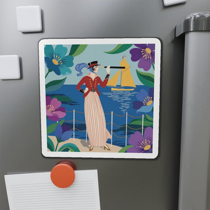 🌊🔭 The Lady Of The Seaside Lookout Die-Cut Magnets – Art Deco Nautical Adventure