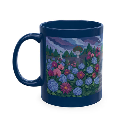 🦚🌸 The Lady & The Peacock On The Garden Steps Ceramic Mug – Art Deco Garden Elegance