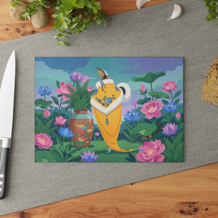🌸✨ The Lady Of The Golden Garden Glass Cutting Board – Art Deco Floral Elegance