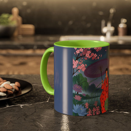 The Lady Of The Cherry Blossoms Colorful Mugs – Art Deco Spring Elegance